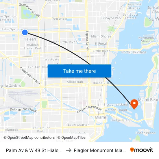 Palm Av & W 49 St Hialeah to Flagler Monument Island map