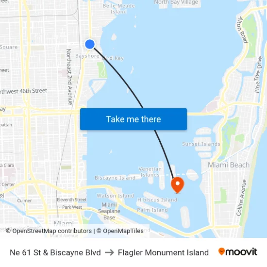 Ne 61 St & Biscayne Blvd to Flagler Monument Island map