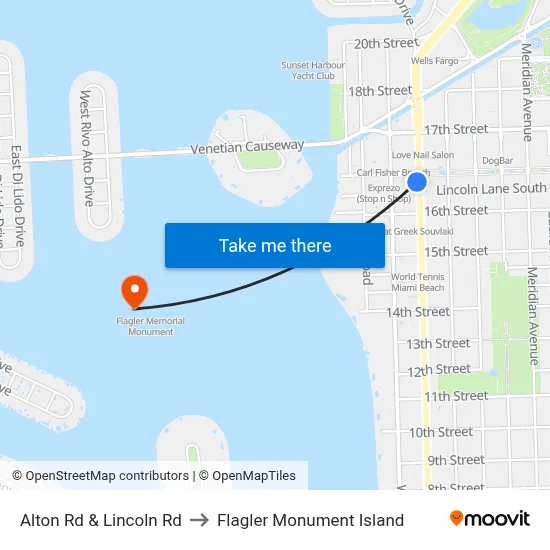 Alton Rd & Lincoln Rd to Flagler Monument Island map