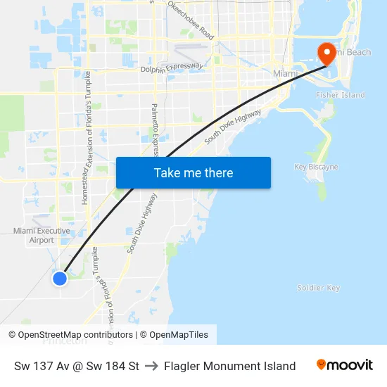 Sw 137 Av @ Sw 184 St to Flagler Monument Island map