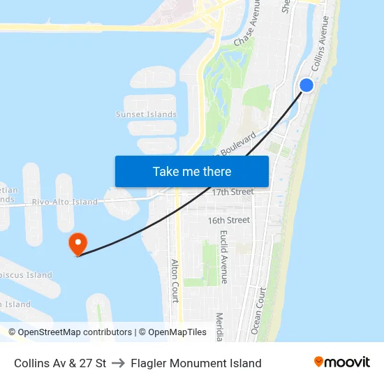 Collins Av & 27 St to Flagler Monument Island map