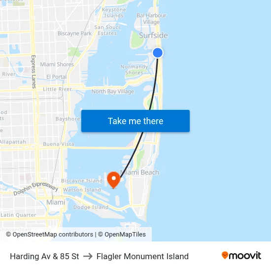Harding Av & 85 St to Flagler Monument Island map