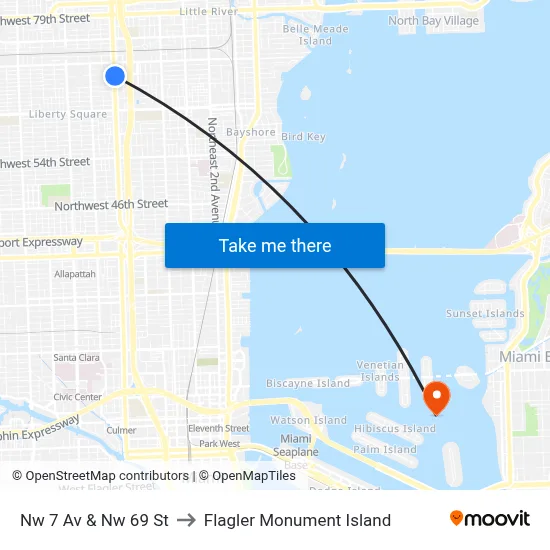 Nw 7 Av & Nw 69 St to Flagler Monument Island map