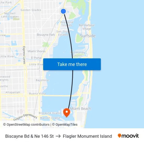 Biscayne Bd & Ne 146 St to Flagler Monument Island map