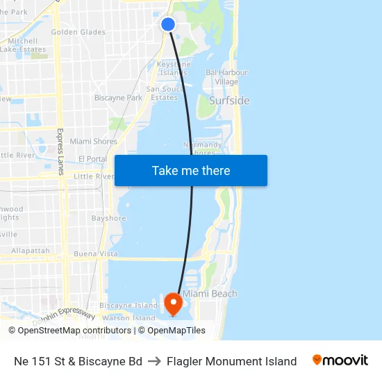Ne 151 St & Biscayne Bd to Flagler Monument Island map