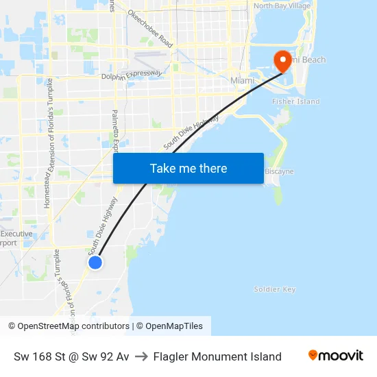 Sw 168 St @ Sw 92 Av to Flagler Monument Island map