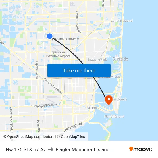 Nw 176 St & 57 Av to Flagler Monument Island map