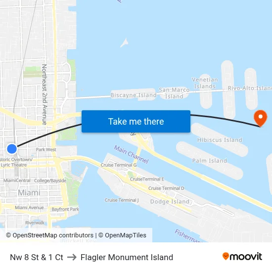 Nw 8 St & 1 Ct to Flagler Monument Island map