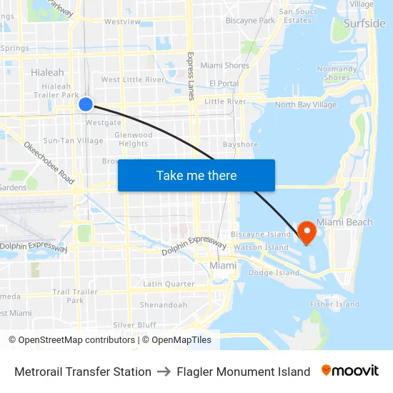 Metrorail Transfer Station to Flagler Monument Island map