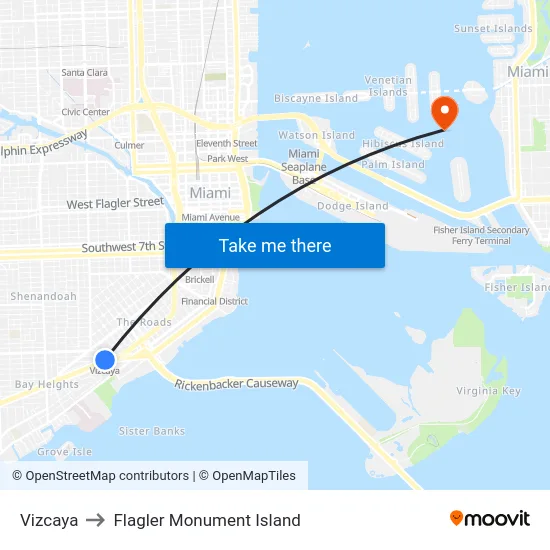 Vizcaya to Flagler Monument Island map