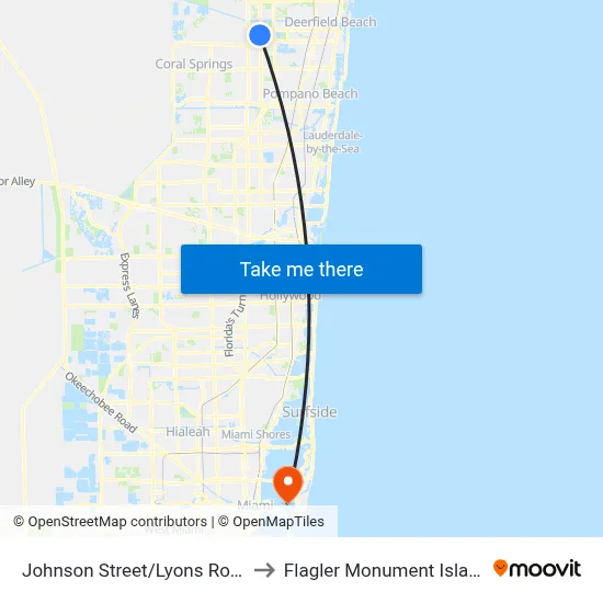 Johnson Street/Lyons Road to Flagler Monument Island map