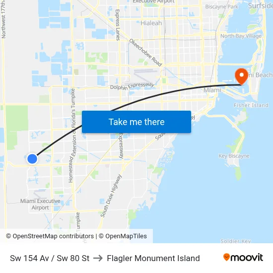 Sw 154 Av / Sw 80 St to Flagler Monument Island map