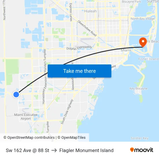 Sw 162 Ave @ 88 St to Flagler Monument Island map