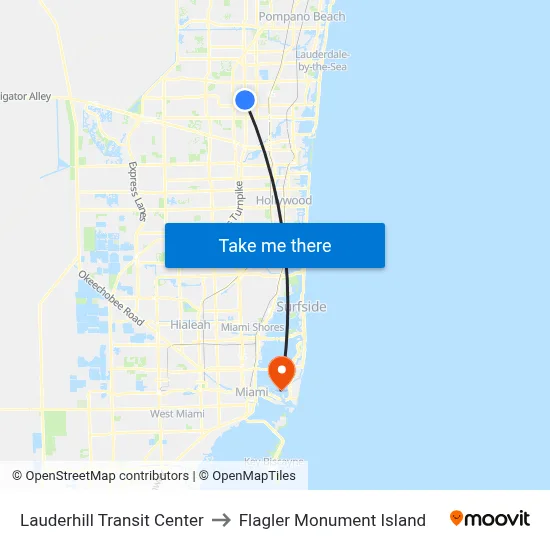 Lauderhill Transit Center to Flagler Monument Island map