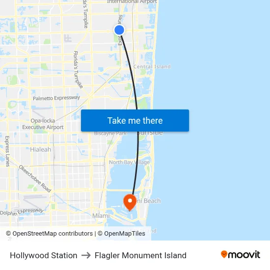 Hollywood Station to Flagler Monument Island map