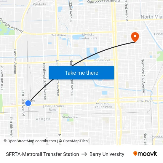 SFRTA-Metrorail Transfer Station to Barry University map