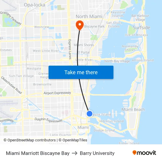 Miami Marriott Biscayne Bay to Barry University map