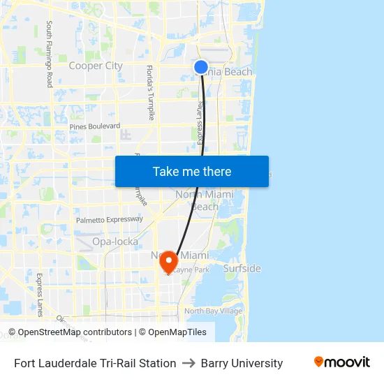 Fort Lauderdale Tri-Rail Station to Barry University map