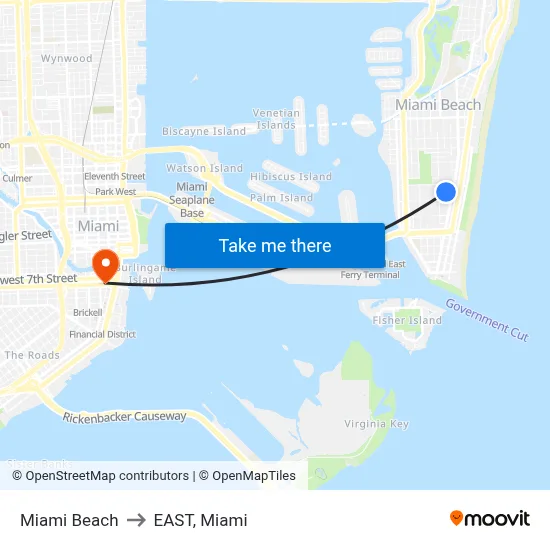 Miami Beach to EAST, Miami map