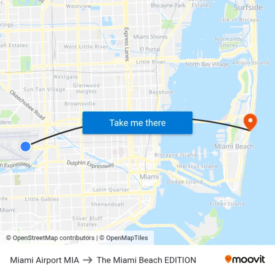 Miami Airport MIA to The Miami Beach EDITION map