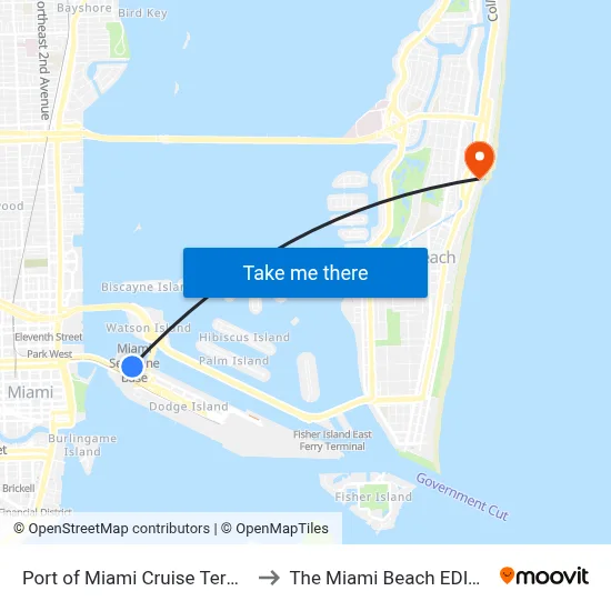 Port of Miami Cruise Terminal to The Miami Beach EDITION map