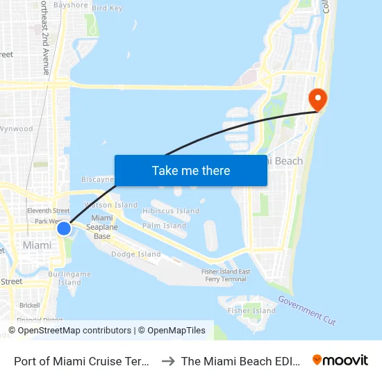 Port of Miami Cruise Terminal to The Miami Beach EDITION map