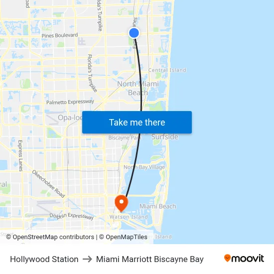 Hollywood Station to Miami Marriott Biscayne Bay map