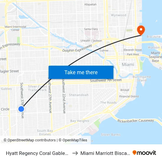 Hyatt Regency Coral Gables in Miami to Miami Marriott Biscayne Bay map