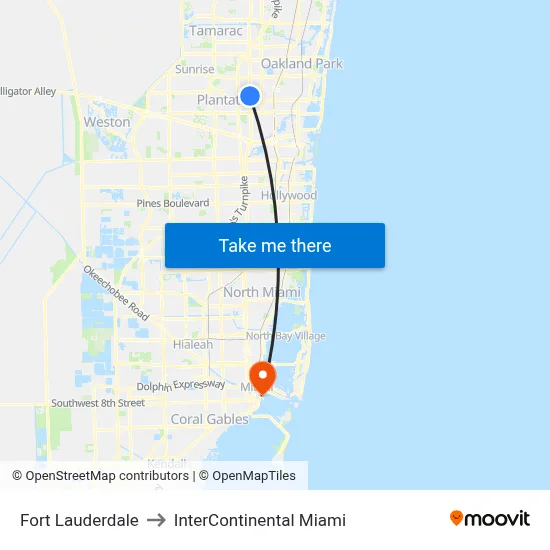 Fort Lauderdale to InterContinental Miami map