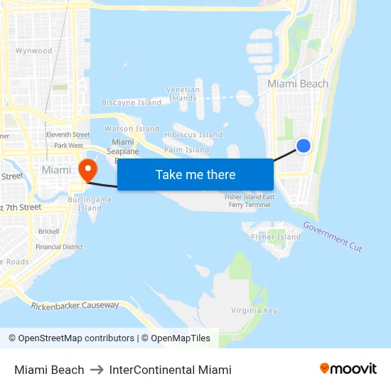 Miami Beach to InterContinental Miami map