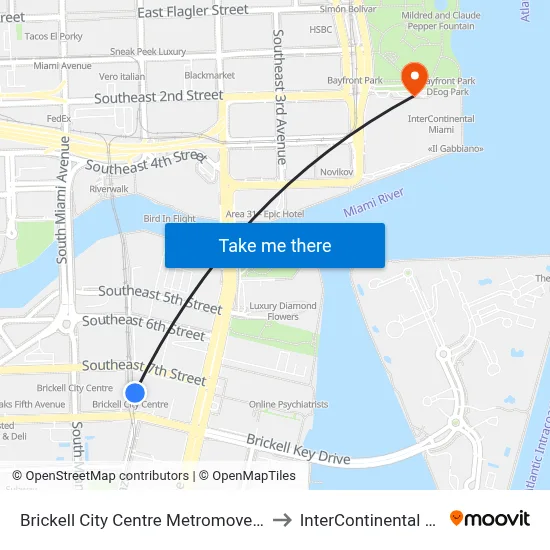 Brickell City Centre Metromover Station to InterContinental Miami map