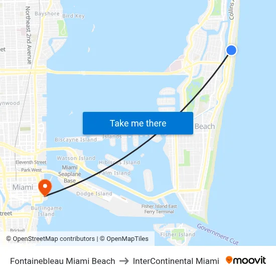 Fontainebleau Miami Beach to InterContinental Miami map