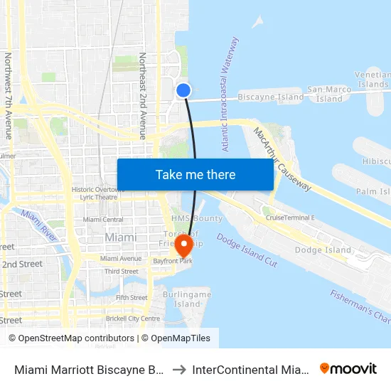 Miami Marriott Biscayne Bay to InterContinental Miami map