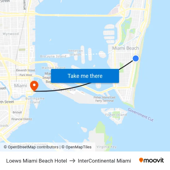 Loews Miami Beach Hotel to InterContinental Miami map