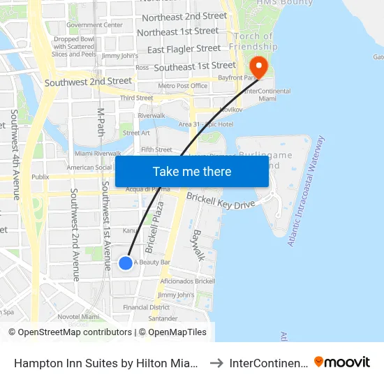 Hampton Inn Suites by Hilton Miami Downtown Brickell to InterContinental Miami map