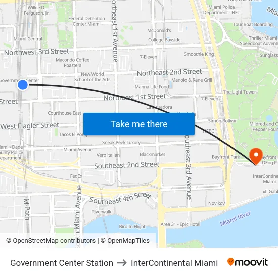 Government Center Station to InterContinental Miami map