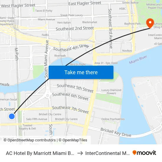AC Hotel By Marriott Miami Brickell to InterContinental Miami map