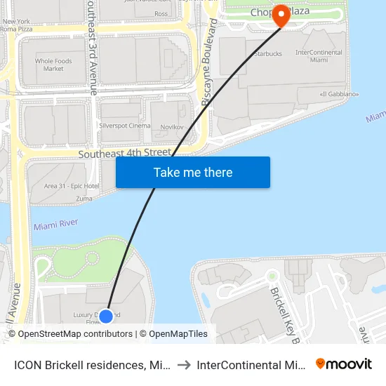 ICON Brickell residences, Miami to InterContinental Miami map