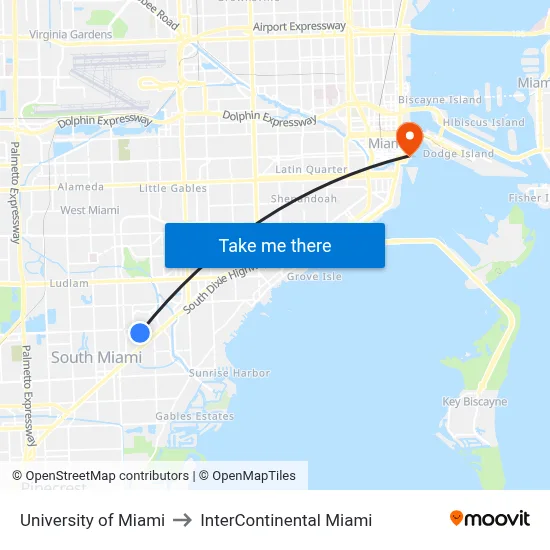 University of Miami to InterContinental Miami map