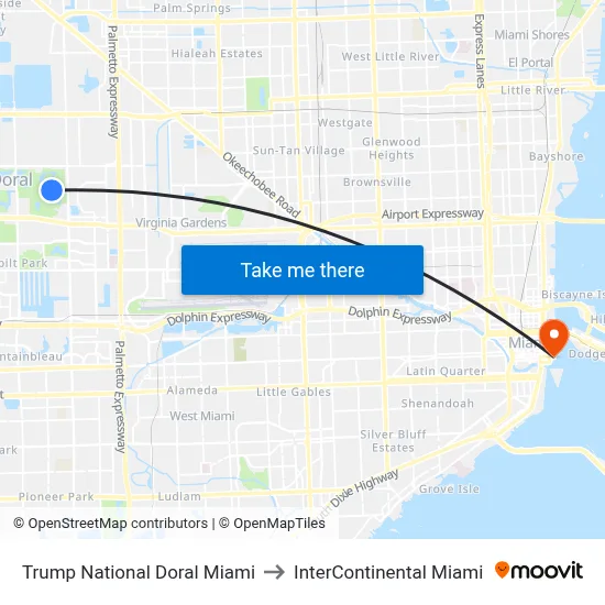 Trump National Doral Miami to InterContinental Miami map