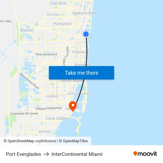 Port Everglades to InterContinental Miami map