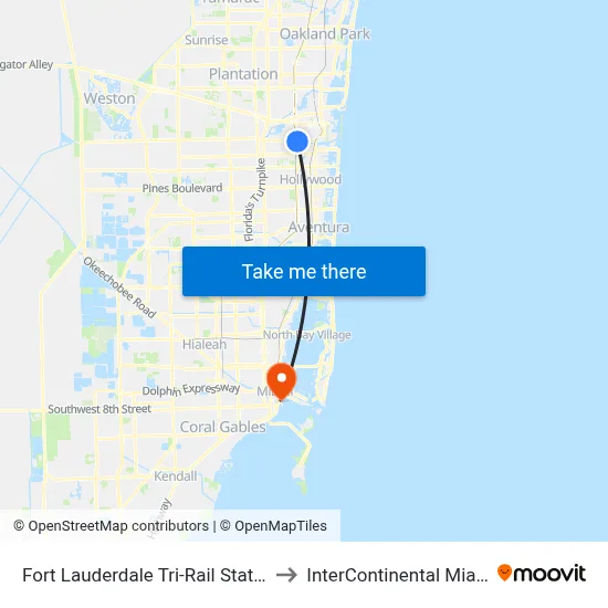 Fort Lauderdale Tri-Rail Station to InterContinental Miami map