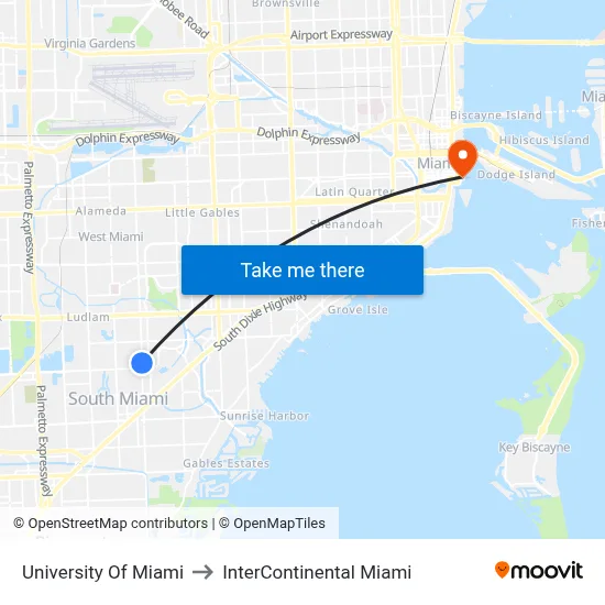 University Of Miami to InterContinental Miami map