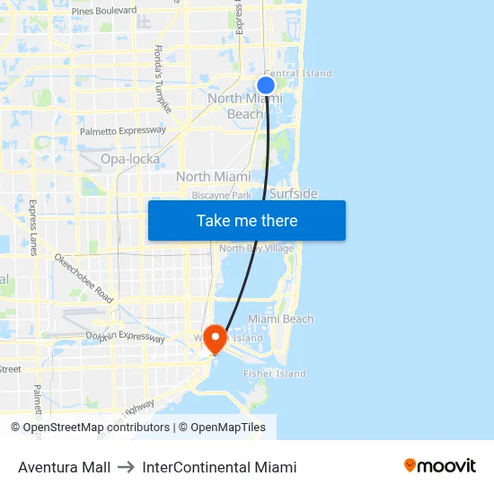 Aventura Mall to InterContinental Miami map