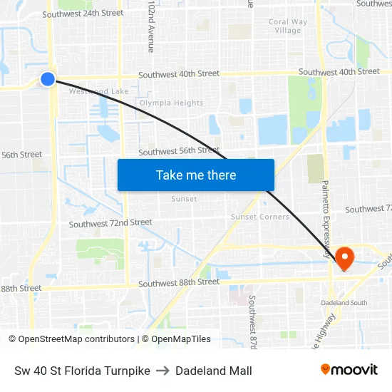 Sw 40 St Florida Turnpike to Dadeland Mall map