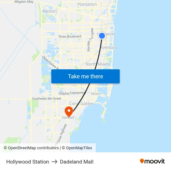 Hollywood Station to Dadeland Mall map