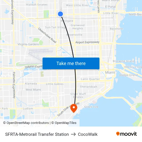 SFRTA-Metrorail Transfer Station to CocoWalk map