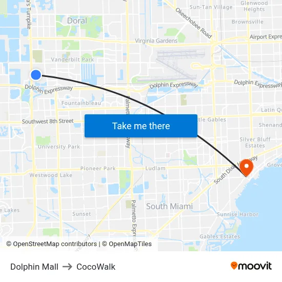 Dolphin Mall to CocoWalk map