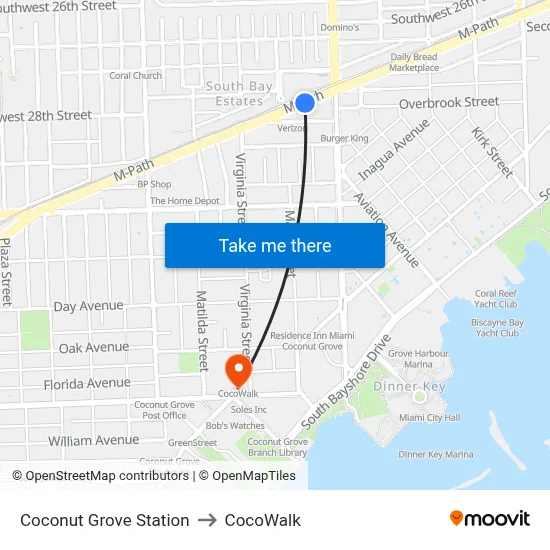Coconut Grove Station to CocoWalk map