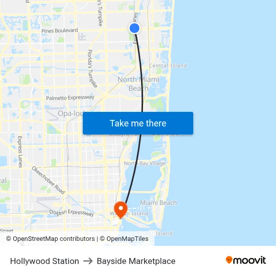 Hollywood Station to Bayside Marketplace map